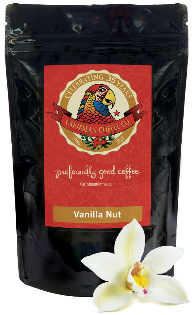 Vanilla Nut Flavored Coffee from Caribbean Coffee Company in Santa Barbara, California. This roast is perfect for vanilla lattes or iced vanilla coffee.